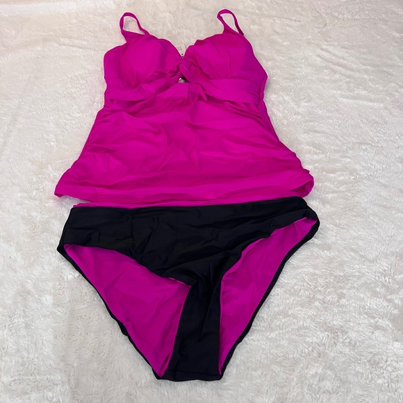 Cupshe Womens Hot Pink Twist Front Tankini Set Black Bottoms Size Large NWT - Picture 3 of 11